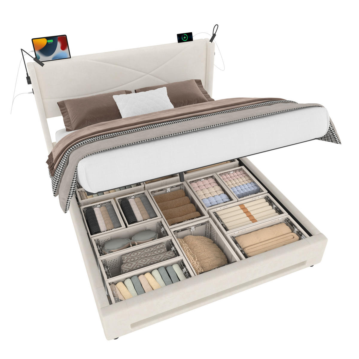 BETTGESTELL 140/200 cm Beige mit LED-Lichtleisten und hydraulischem Stauraum - Beige, Textil (140/200cm) - OKWISH