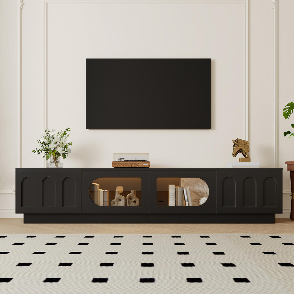 TV-LOWBOARD mit LED, APP-Steuerung, Glastür und Bogentür - Schwarz, Holzwerkstoff (200/42/40cm) - FLIEKS