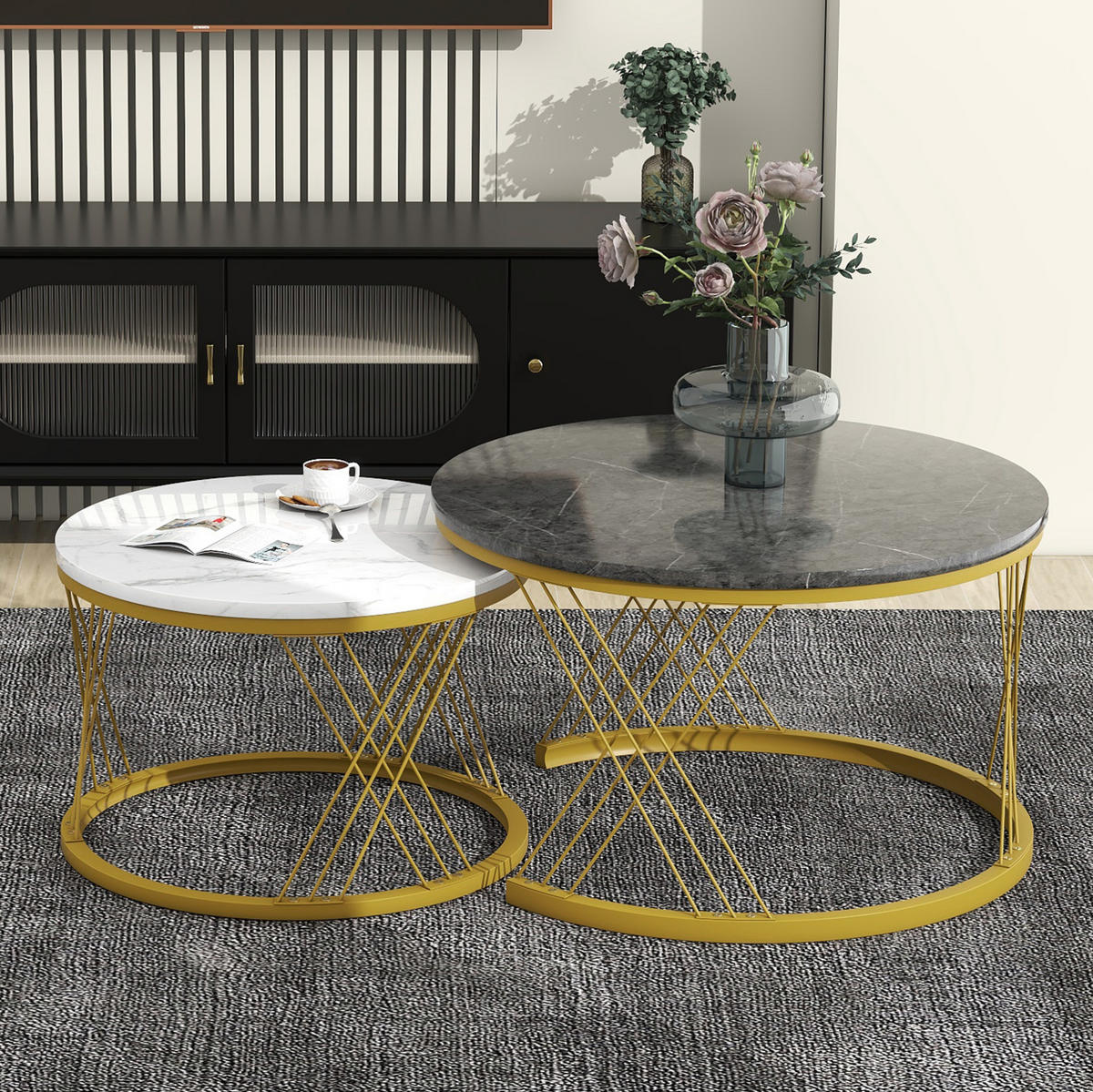 COUCHTISCH-SET 70/45 cm mit Marmordekor & Nesting-Funktion - Grau, Holzwerkstoff (70/70/45cm) - BEAOK