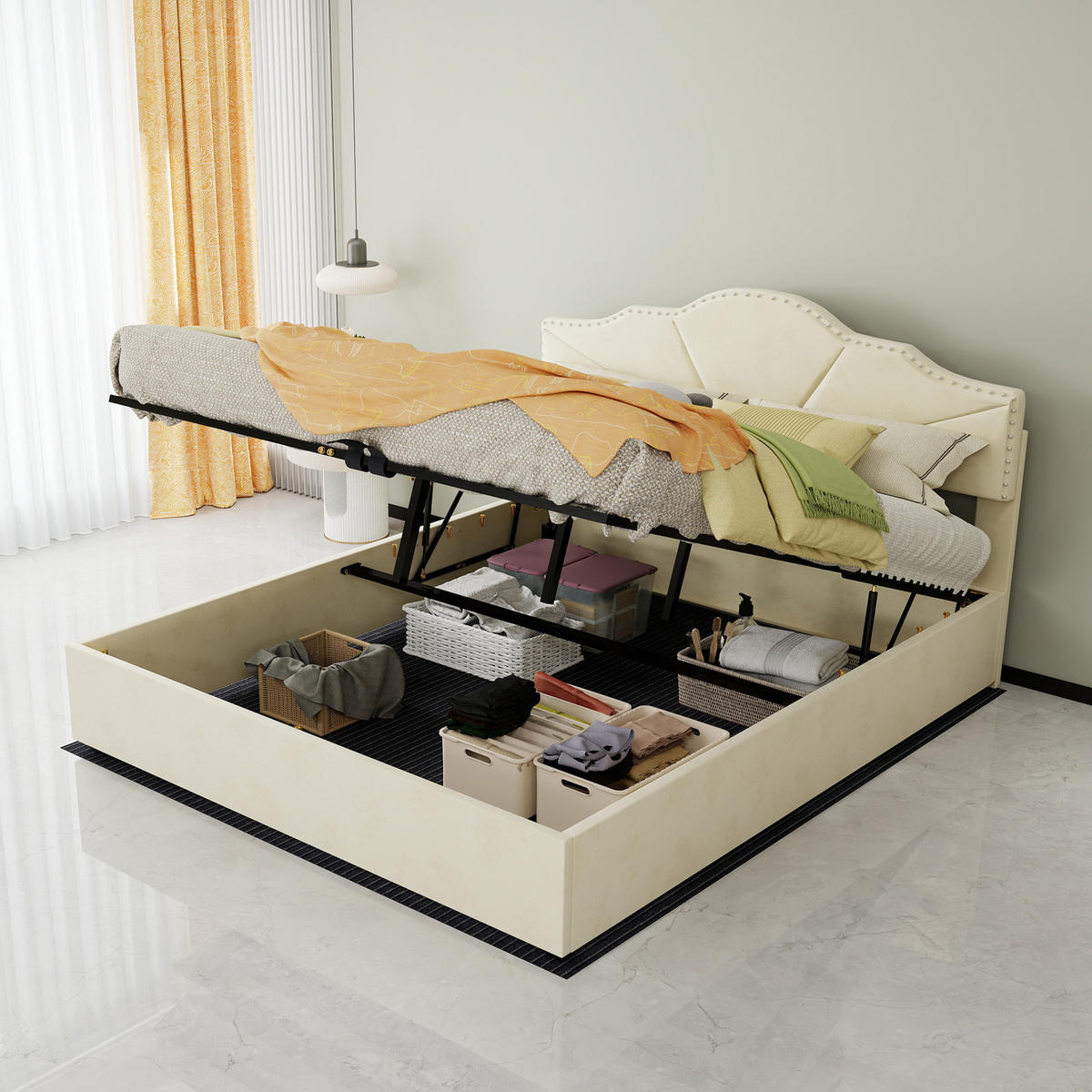 BETT mit Bettkasten 160x200 cm Stoff Beige - Beige, Metall (160/200cm) - Meubliv