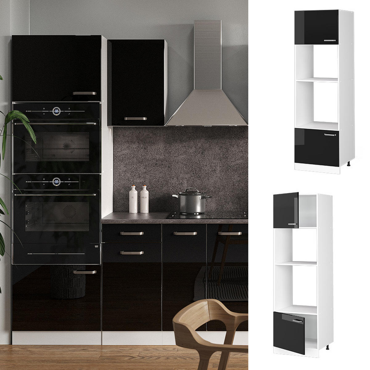 MIKROWELLENSCHRANK R-Line Schwarz Hochglanz 60 cm - Schwarz Hochglanz/Schwarz, Holzwerkstoff (60/206.8/57.2cm) - Vicco