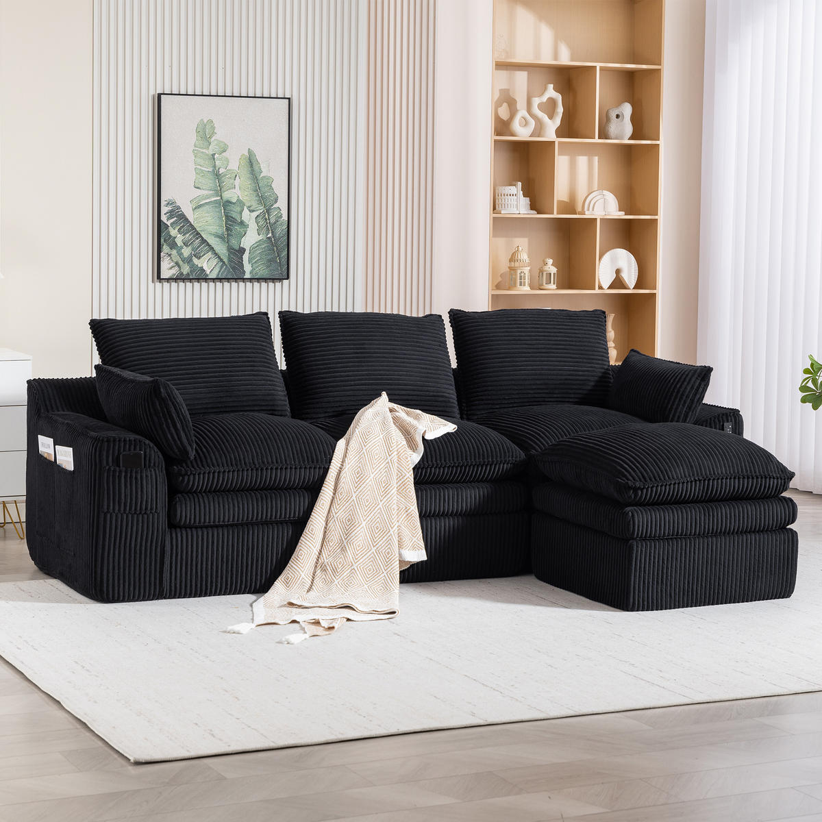 ECKSOFA DE-33776 3-Sitzer mit Hocker Schwarz - Schwarz, Metall (263/167cm) - ComfortXL