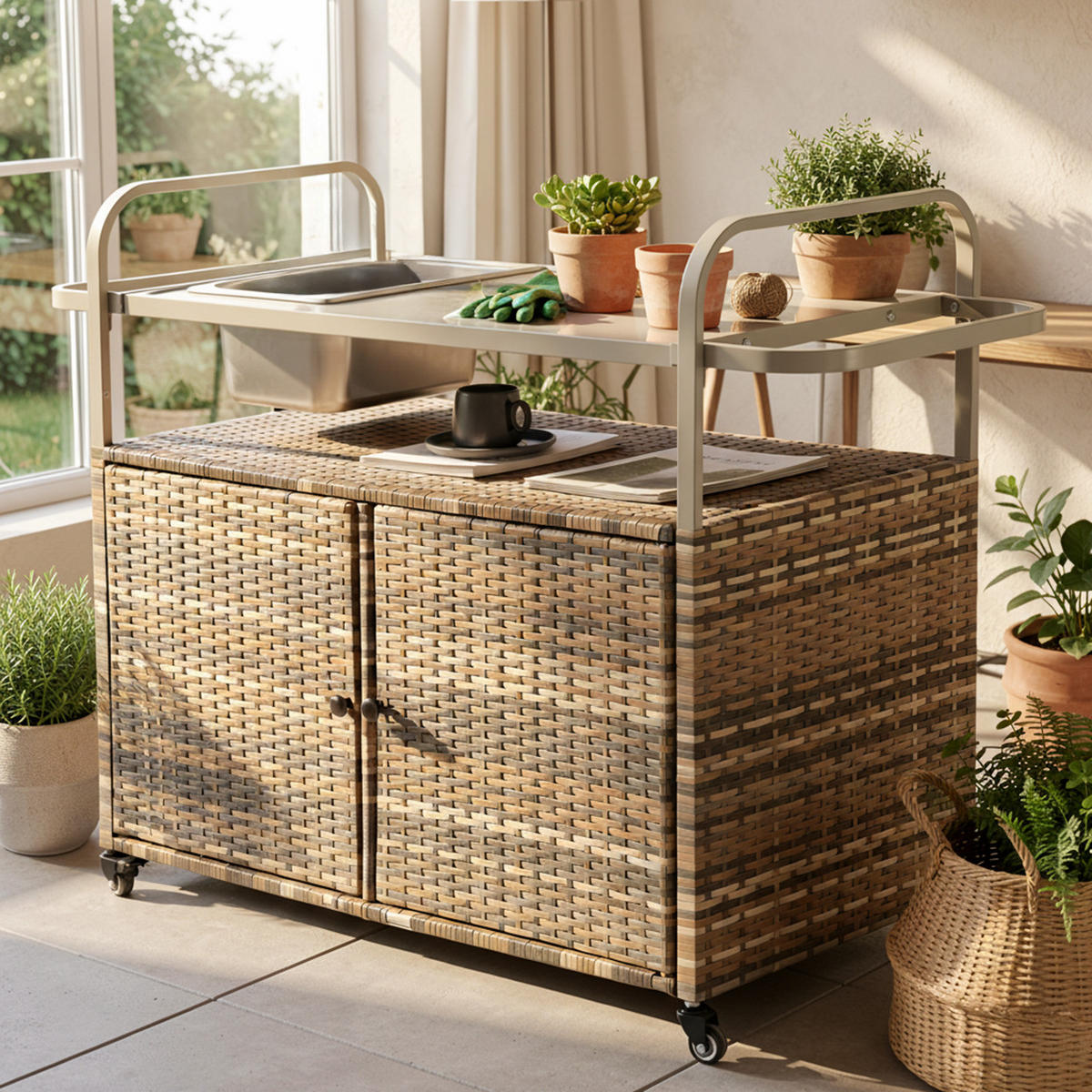 OUTDOOR-BARWAGEN 131 cm Beige Stahl & Rattan – Servierwagen mit Eisbehälter, Schrank & Lenkrollen - Beige, Metall (131/91/50cm) - Urban Meuble