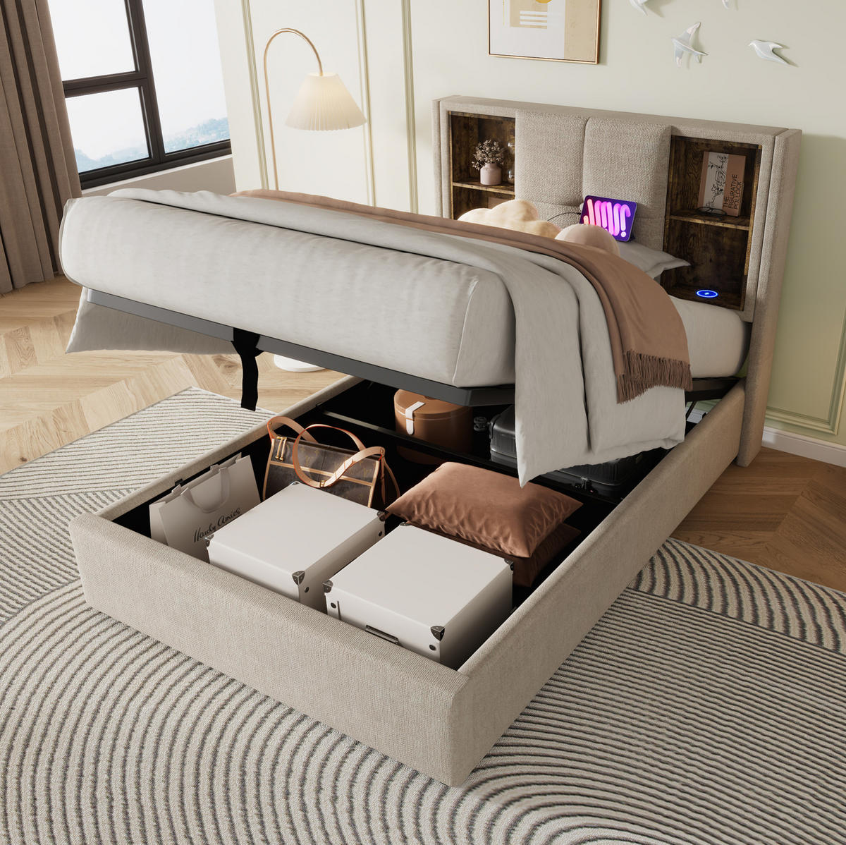 POLSTERBETT 90/200 cm Natürlich aus Leinen mit Stauraum und kabellosem Laden - Naturfarben, Textil (90/200cm) - OKMYHOME