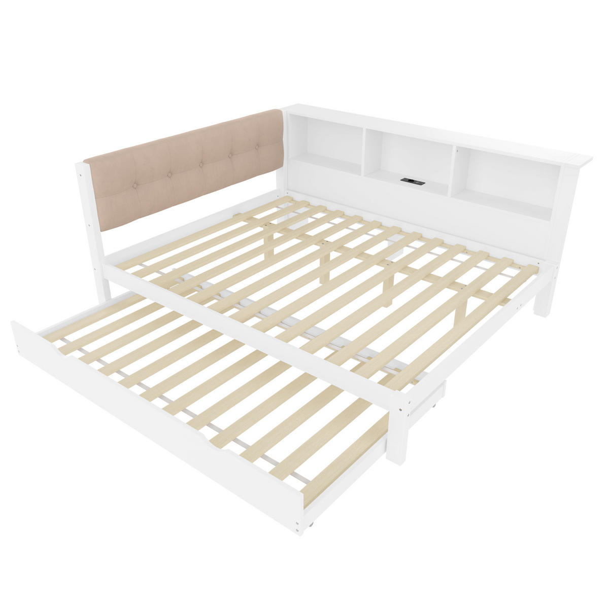 POLSTERBETT aus Kiefernholz 140x200 cm in Weiß mit Ausziehbett, LED & USB - Weiß, Holz (140/200cm) - Modfu