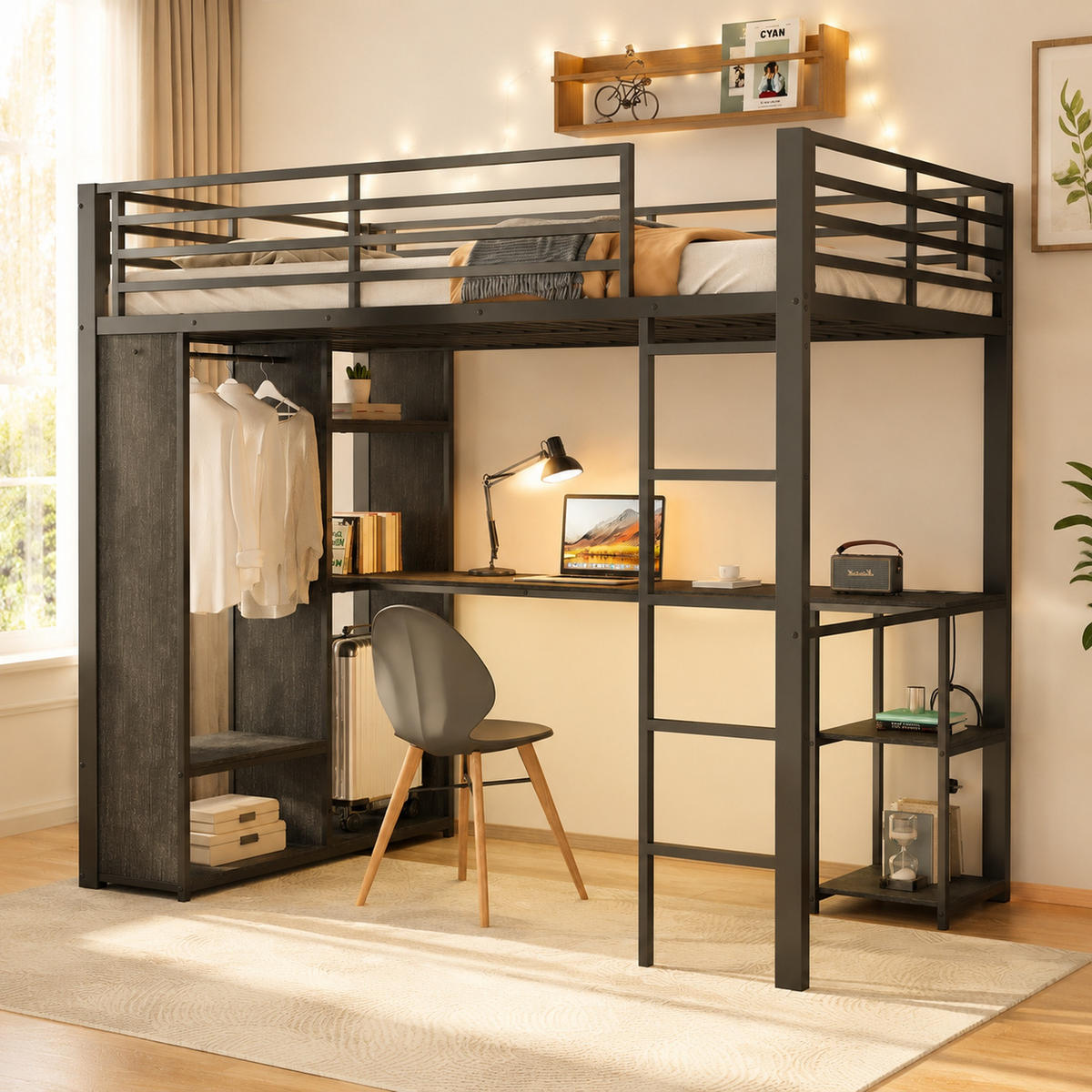 HOCHBETT 90/200 cm mit Schreibtisch und LED, DE-41973, in Schwarz - Schwarz, Metall (90/200cm) - ComfortXL