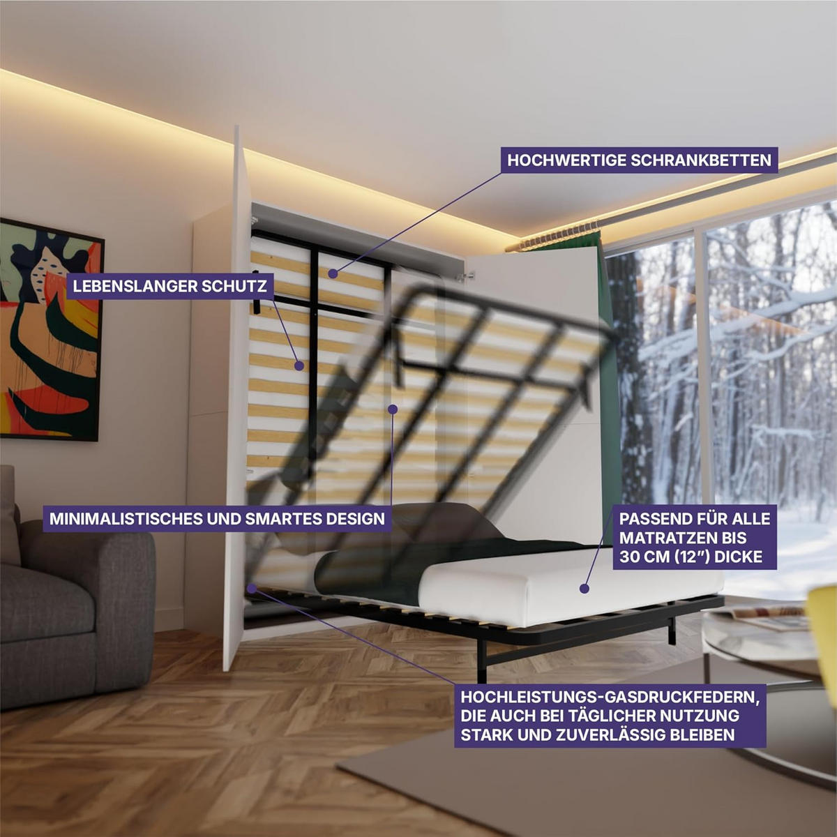 WANDBETT Murphy Studio 160x200 Vertikal, mit Gasdruckfeder-Mechanismus - Brombeere/Graphitfarben, Holzwerkstoff/Metall (160/200cm) - WallBedKing