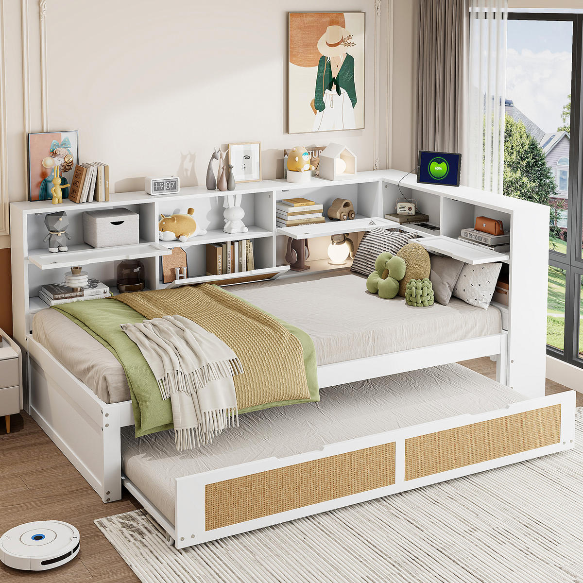 POLSTERBETT aus Massivholz 90x200 cm in Weiß mit Ausziehbett & USB-Anschluss - Weiß, Holz (90/200cm) - Modfu