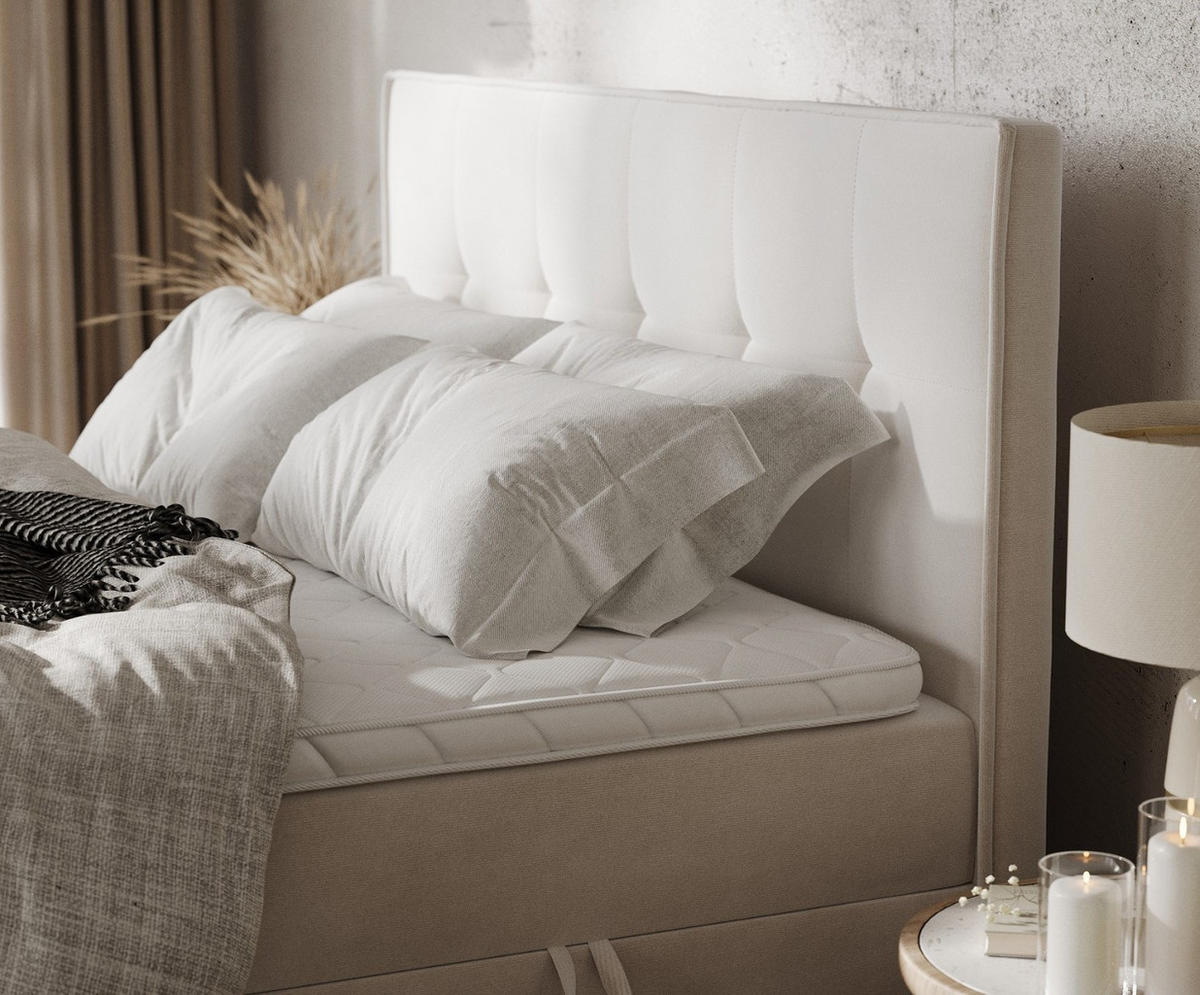 BOXBETT Mireo 140/200 cm Creme im Paros Stoff - Creme/Schwarz, Holz/Holzwerkstoff (140/200cm) - AltaBeds