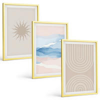BILDER SET 3er Set - 40x60 cm Goldrahmen - Sonnenwellen abstrakte Linien Pastell - Goldfarben, Kunststoff (40/60cm) - TULUP
