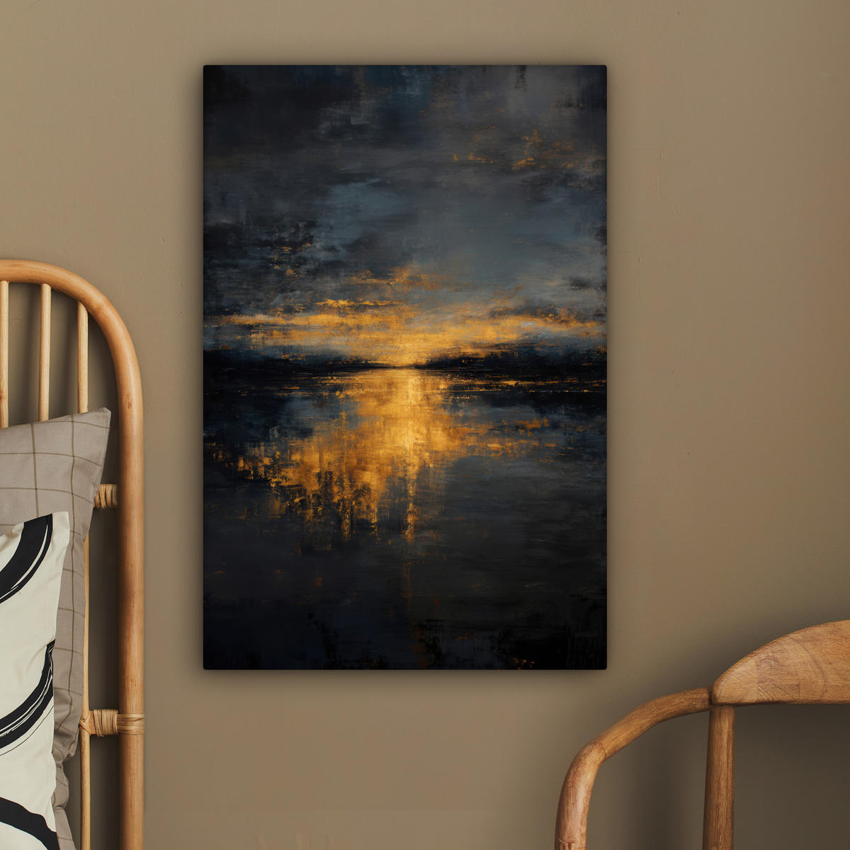 LEINWANDBILD Goldene Reflexion auf dem Wasser Wanddeko Schlafzimmer 60x90 cm - Anthrazit, Textil (60/90cm) - MuchoWow
