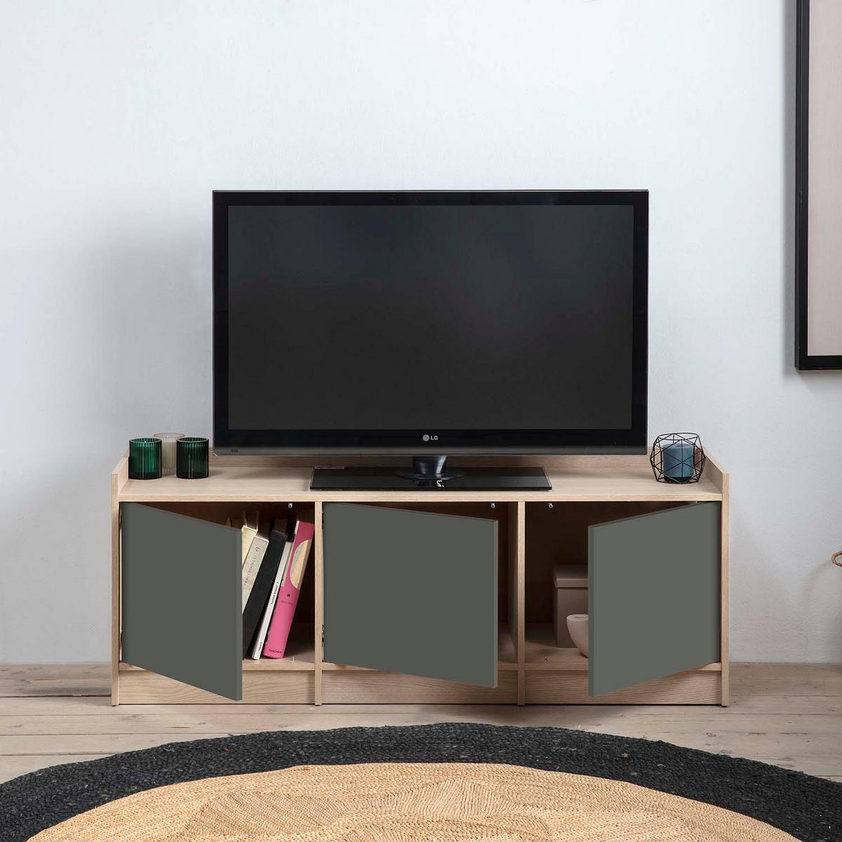 TV-ELEMENT Moscú 3 Türen, Eiche/Grau - Grau, Holzwerkstoff (139/54/40cm) - VS Venta-stock