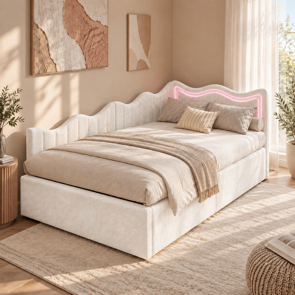 SCHLAFSOFA Samt cremeweiß mit RGB-LED-Beleuchtung, Fernbedienung, großem Stauraum unter der Liegefläche - Beige, Metall (97/75/213cm) - Joyfair