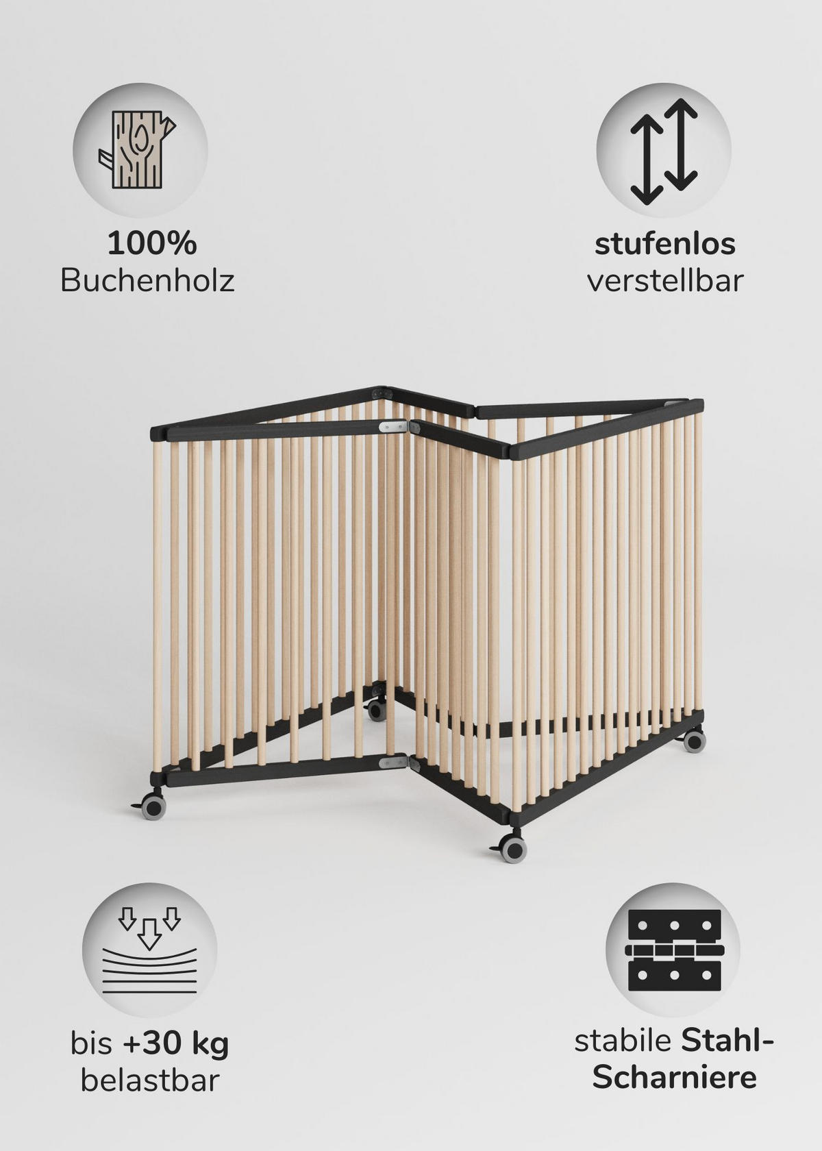 LAUFGITTER 100x100 cm faltbar - schwarz/natur - Schwarz/Naturfarben, Holz (100/74/100cm) - Sämann – make a difference.