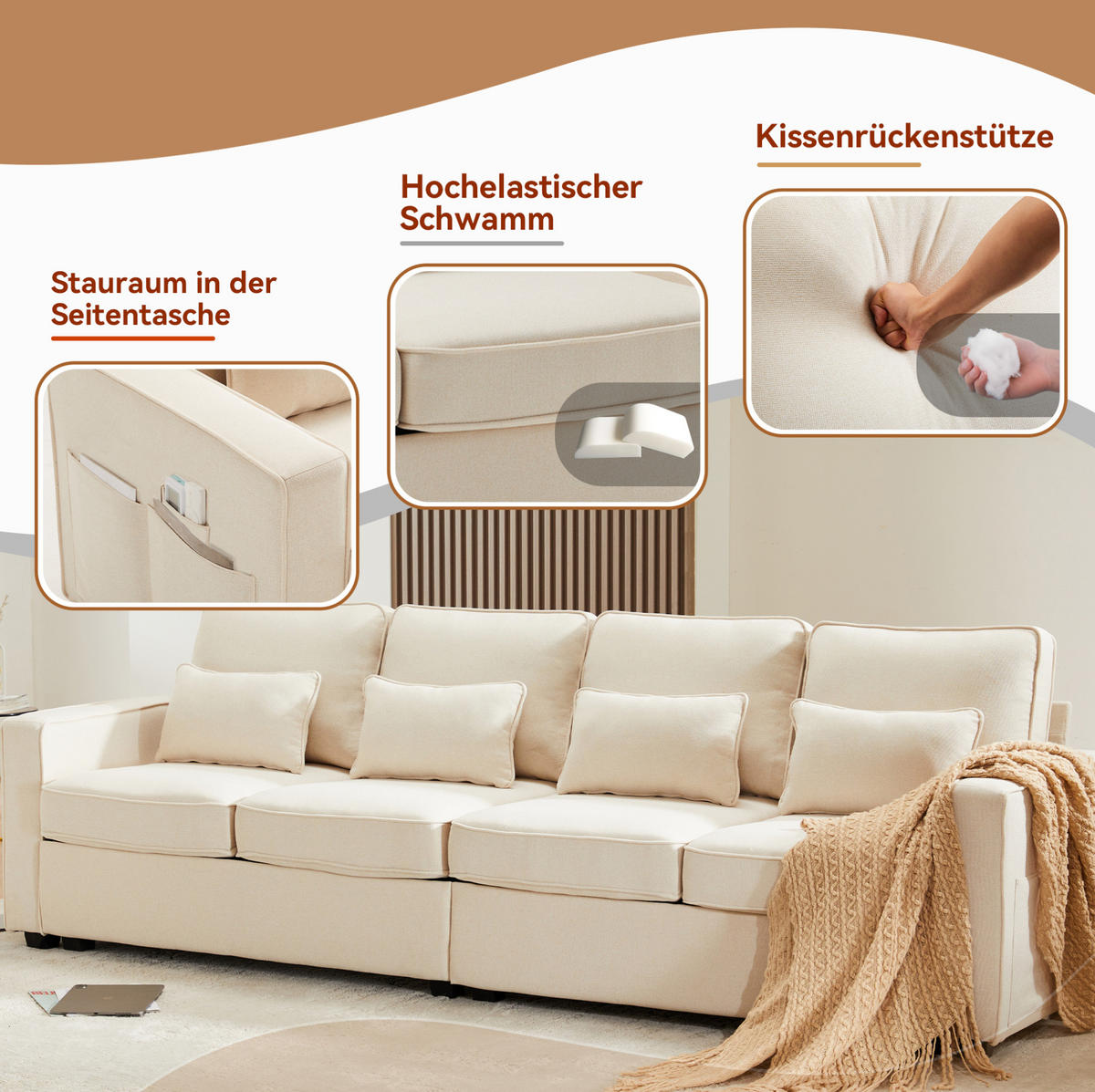 4-SITZER Sofa Leinenstoff mit Armlehnentaschen und 4 Kissen 264/83/87 cm Beige - Beige, Textil (87/264/83cm) - Redom