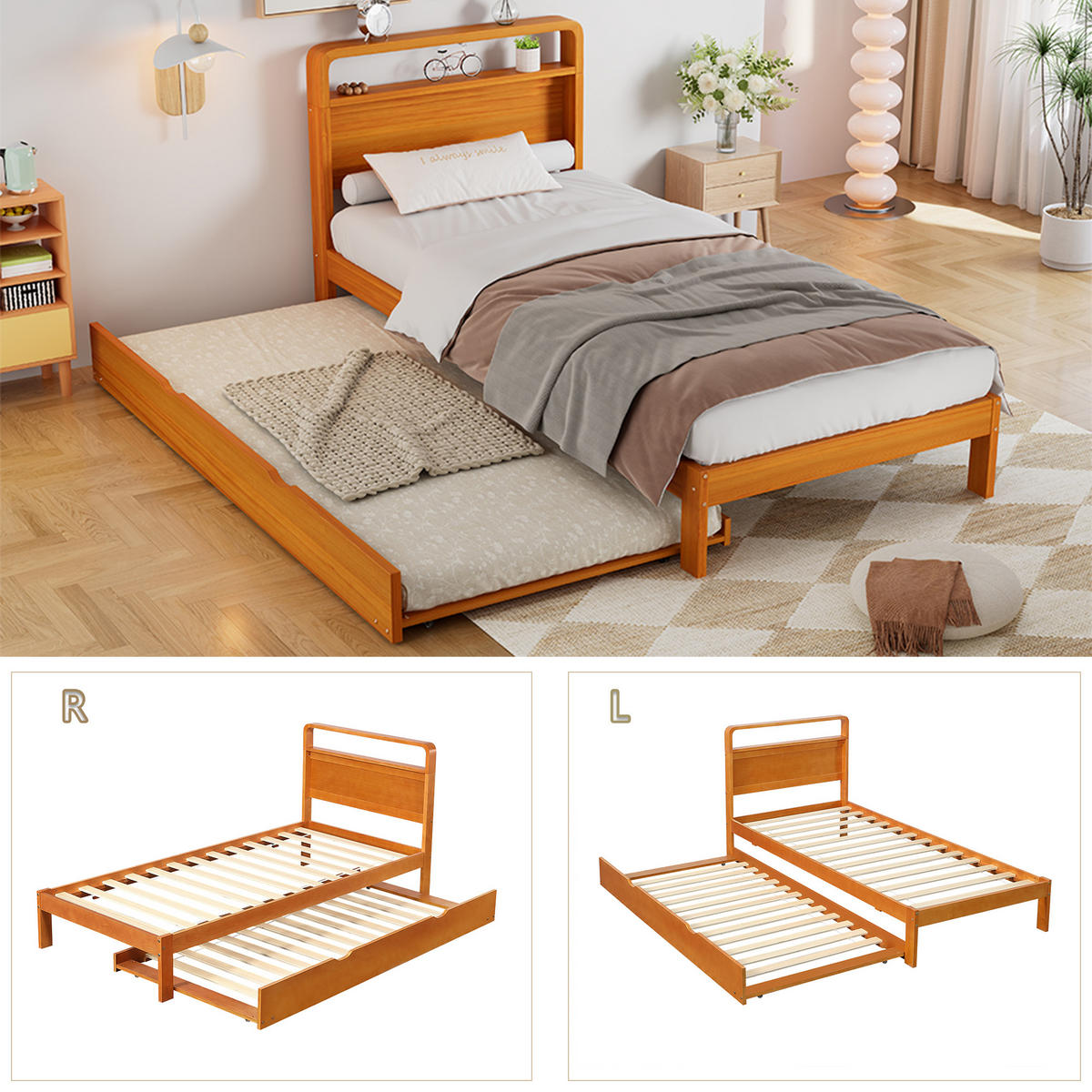 BETT 90/200 cm & 90/190 cm in Natur mit Ausziehbett und abgerundetem Kopfteil Holzdesign - Naturfarben, Holzwerkstoff (90/200cm) - STILVORA