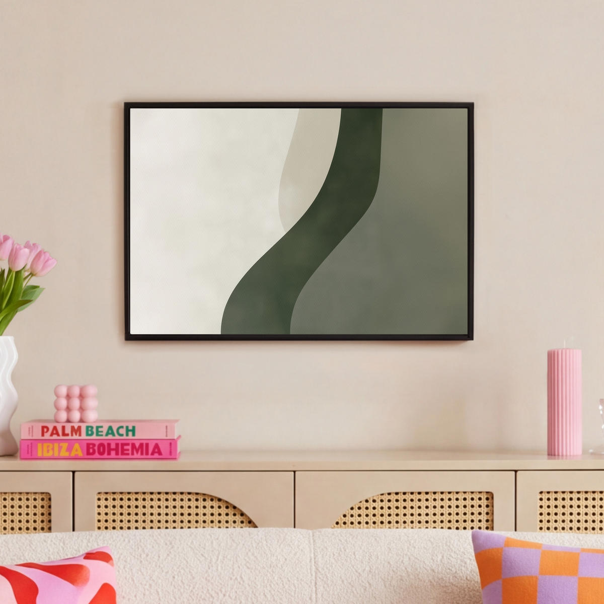 LEINWAND Bilder mit Rahmen - Japandi - Grün - Abstrakt - Modern - 60x40 - Salbeigrün, Textil (60/40cm) - MuchoWow