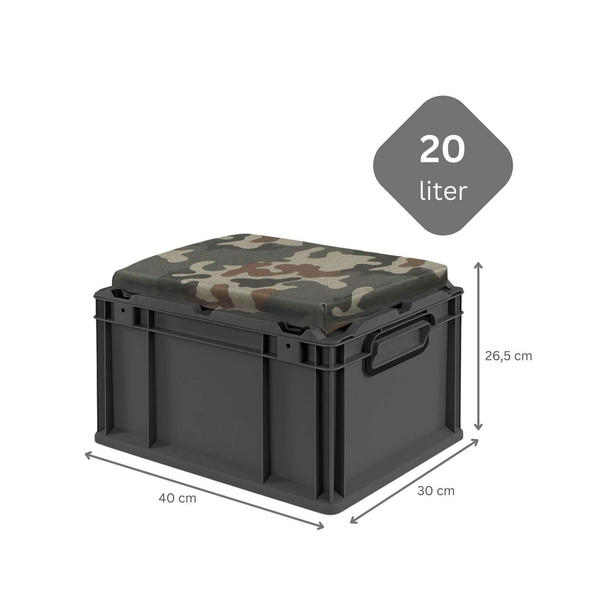 EUROBOX NextGen Seat Box Camouflage, HxBxT 26,5x30x40cm, 20 Liter, Griffe geschlossen, Schwarz - Schwarz, Kunststoff (30/26.5/40cm) - PROREGAL