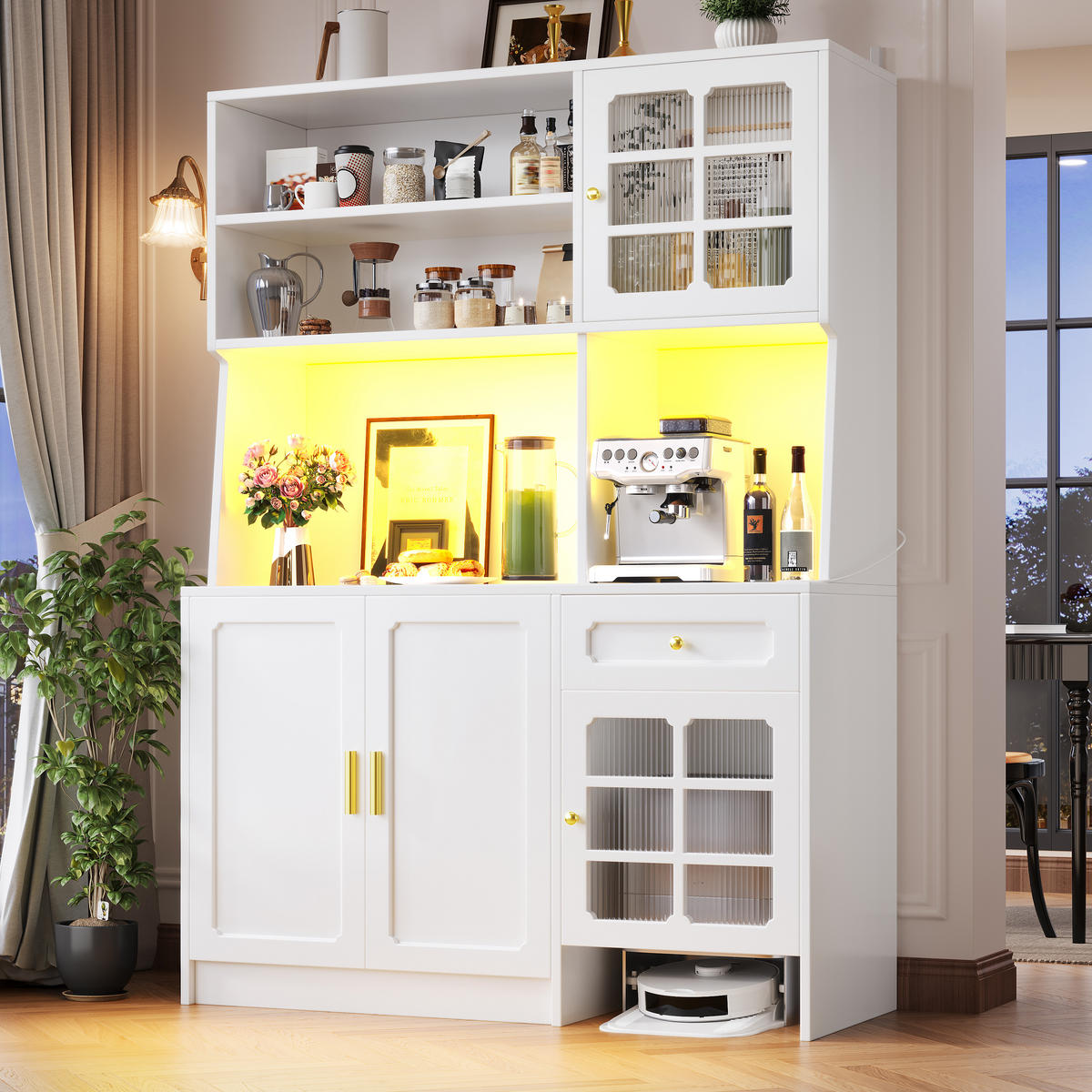 GESCHIRRSCHRANK aus MDF 130x45x180cm in Weiß mit LED-Beleuchtung - Weiß, Holzwerkstoff (130/180/45cm) - Modfu