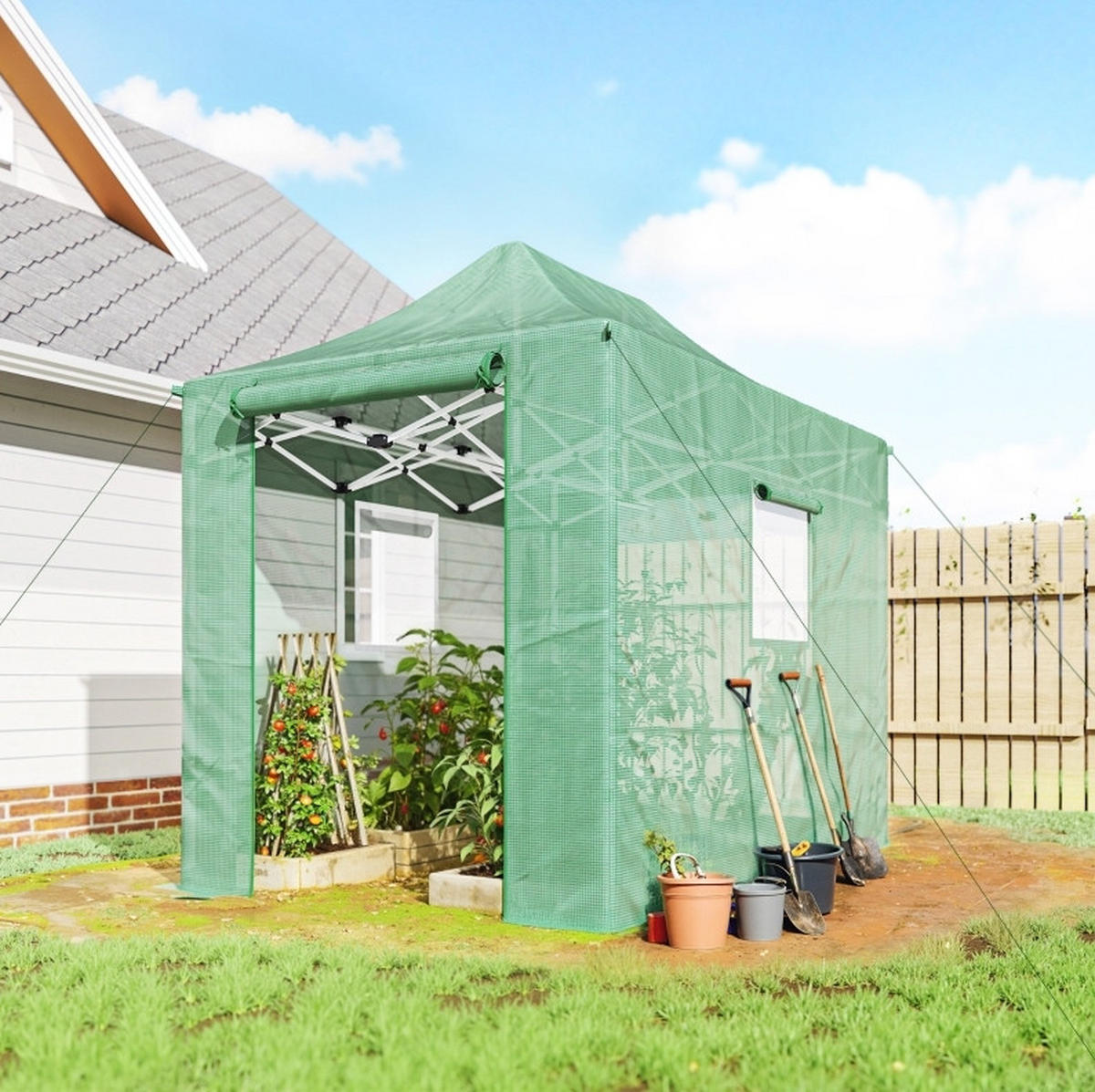 GEWÄCHSHAUS 295/270/200 cm Grün aus Polyethylen mit Pop-up-Design - Grün, Kunststoff (200/270/295cm) - OKMYHOME