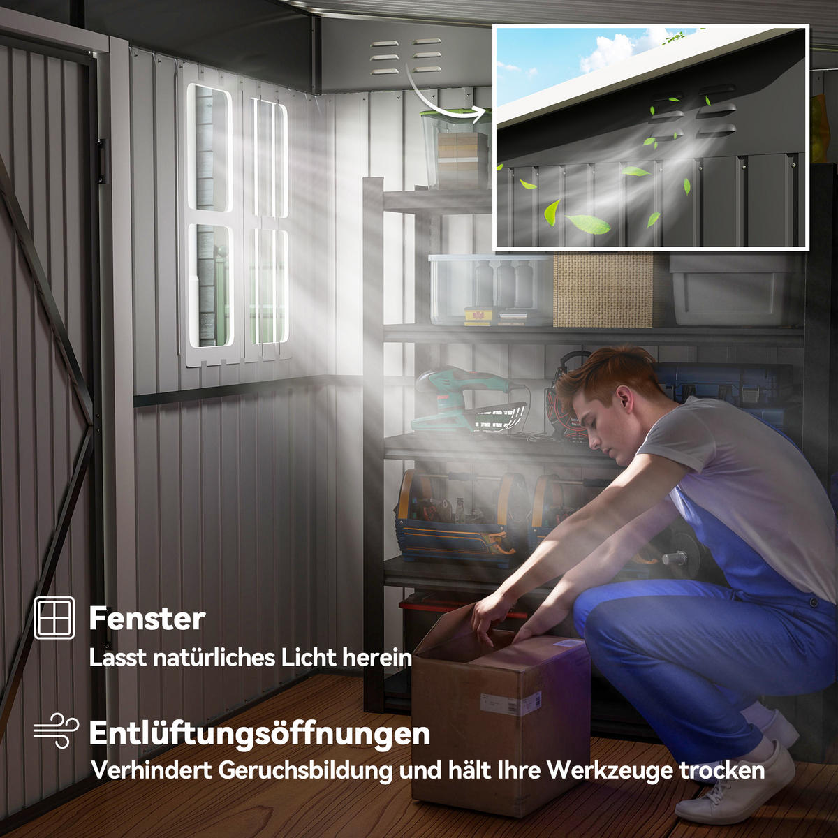 METALLSCHUPPEN DE-08114 mit Fenster, breite Tür Dunkelgrau - Dunkelgrau, Metall (177/190/260cm) - ComfortXL