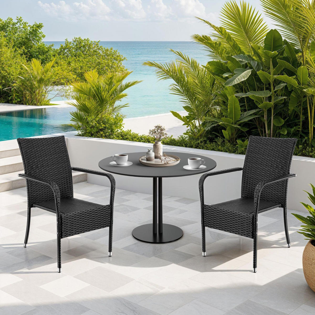 RATTANSTUHL 2er Set Girona,58 x 67 x 90 cm, Belastbarkeit 120 kg,schwarz - Schwarz, Kunststoff (58/90/67cm) - tectake