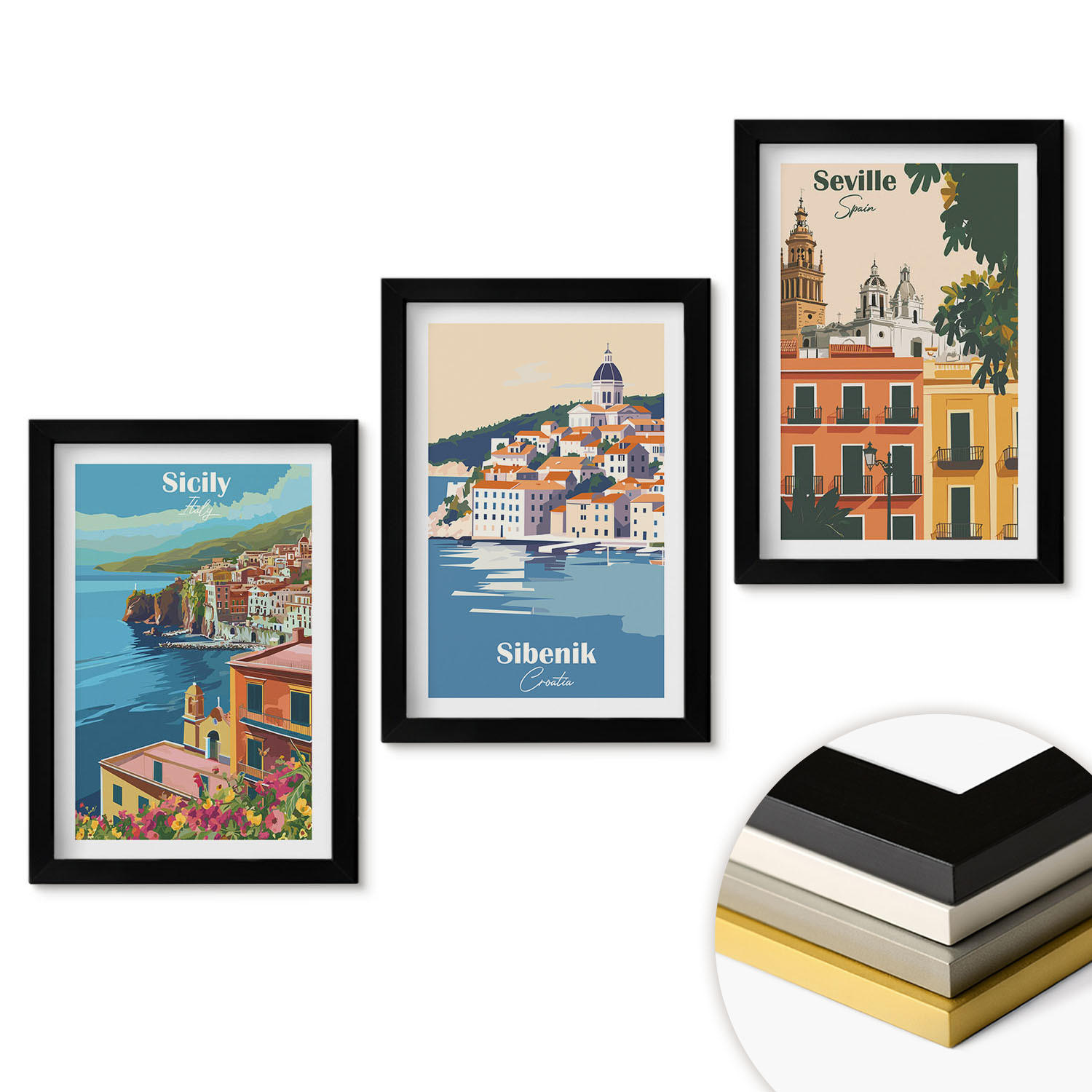 WANDBILDER 3er-Set - 20x30 cm Schwarzer Rahmen - Stadtlandschaften mit Gebäuden - Schwarz, Kunststoff (20/30cm) - ArtPrintCave