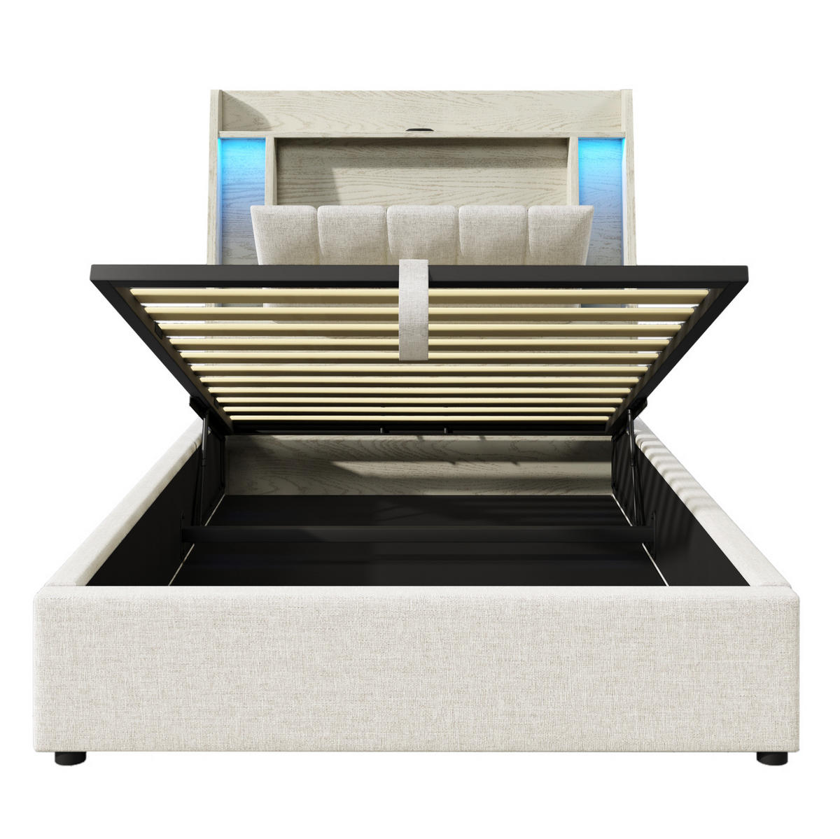 POLSTERBETT mit Stauraum, USB und LED 90x200 cm Leinen Beige - Beige, Metall (90/200cm) - Meubliv