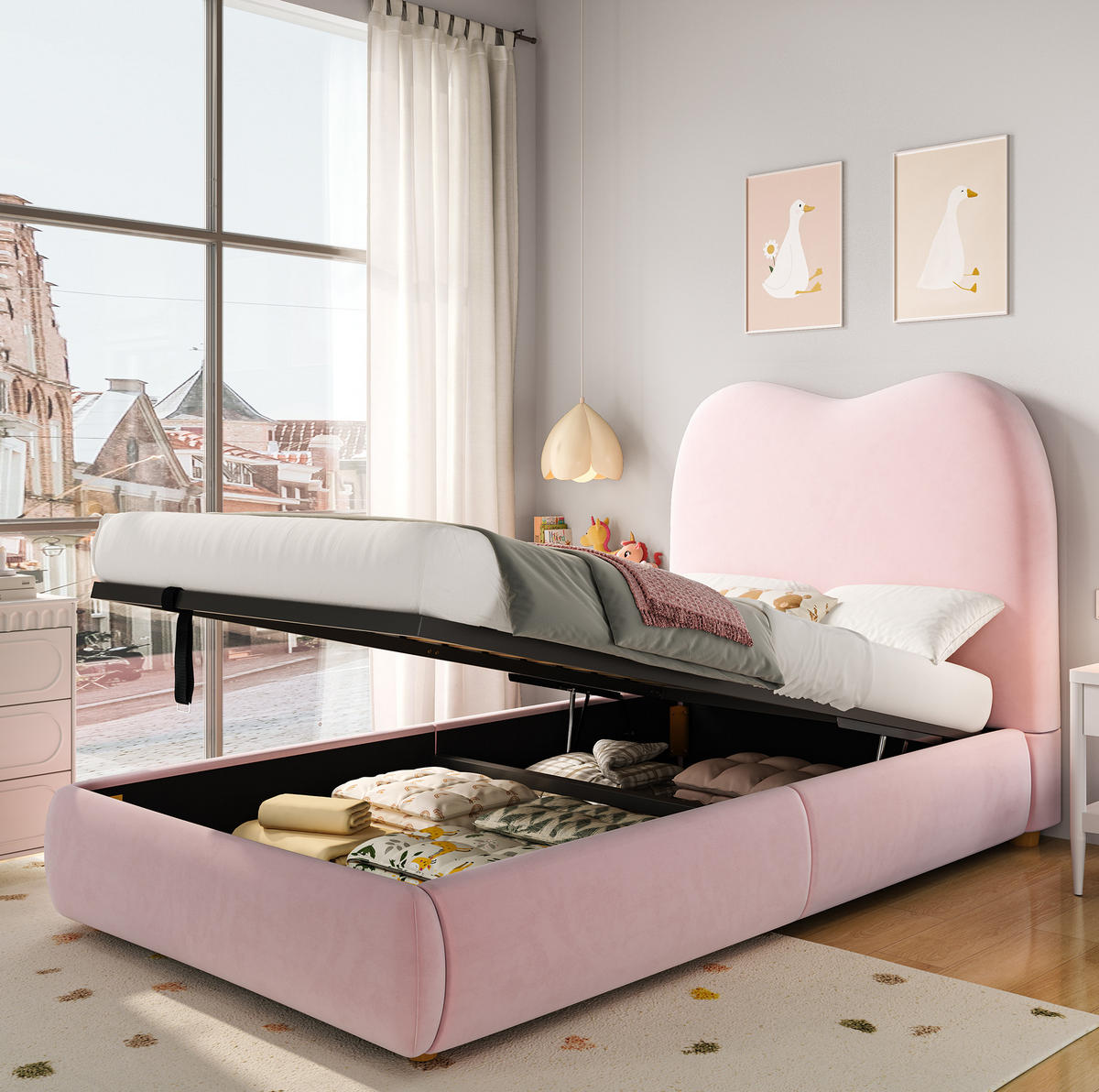 SAMT-POLSTERBETT 90/200 cm mit Bettkasten und gepolstertem Kopfteil in Rosa - Rosa, Textil (90/200cm) - BEAOK