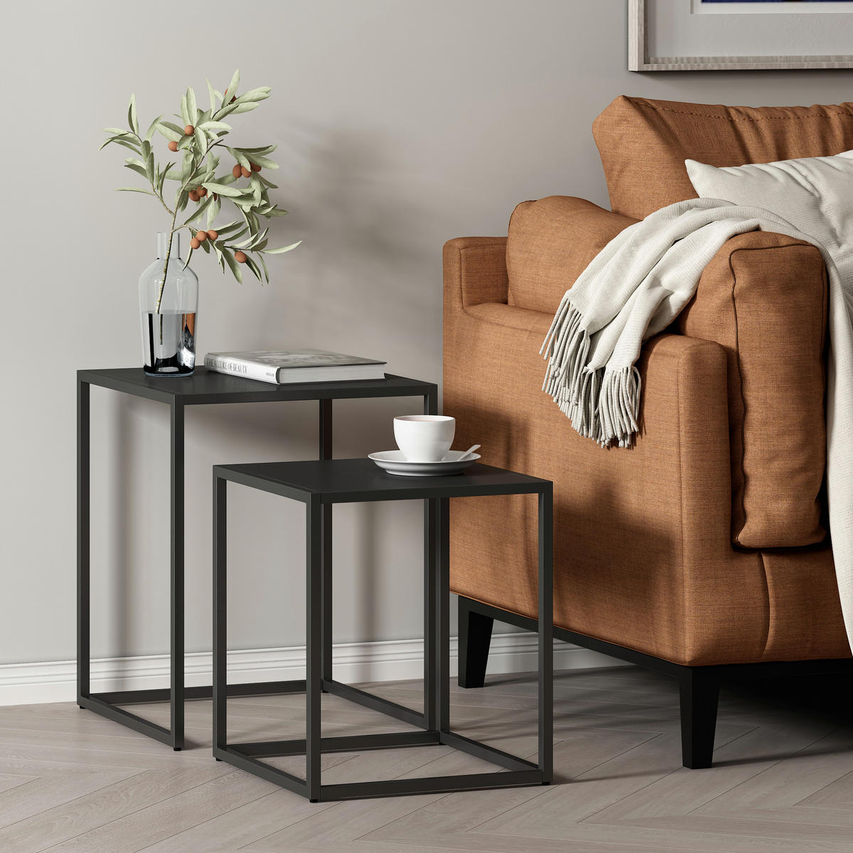 BEISTELLTISCH-SET 2 TLG. Vejen - Schwarz, Metall (40/40/49cm) - [en.casa]