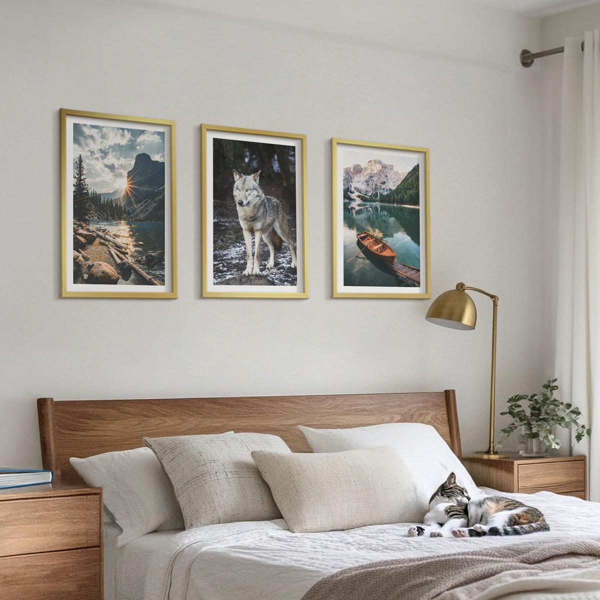 BILDER SET 3er Set - 40x60 cm Goldrahmen - Berge, Seen, Wölfe, Natur - Goldfarben, Kunststoff (40/60cm) - TULUP