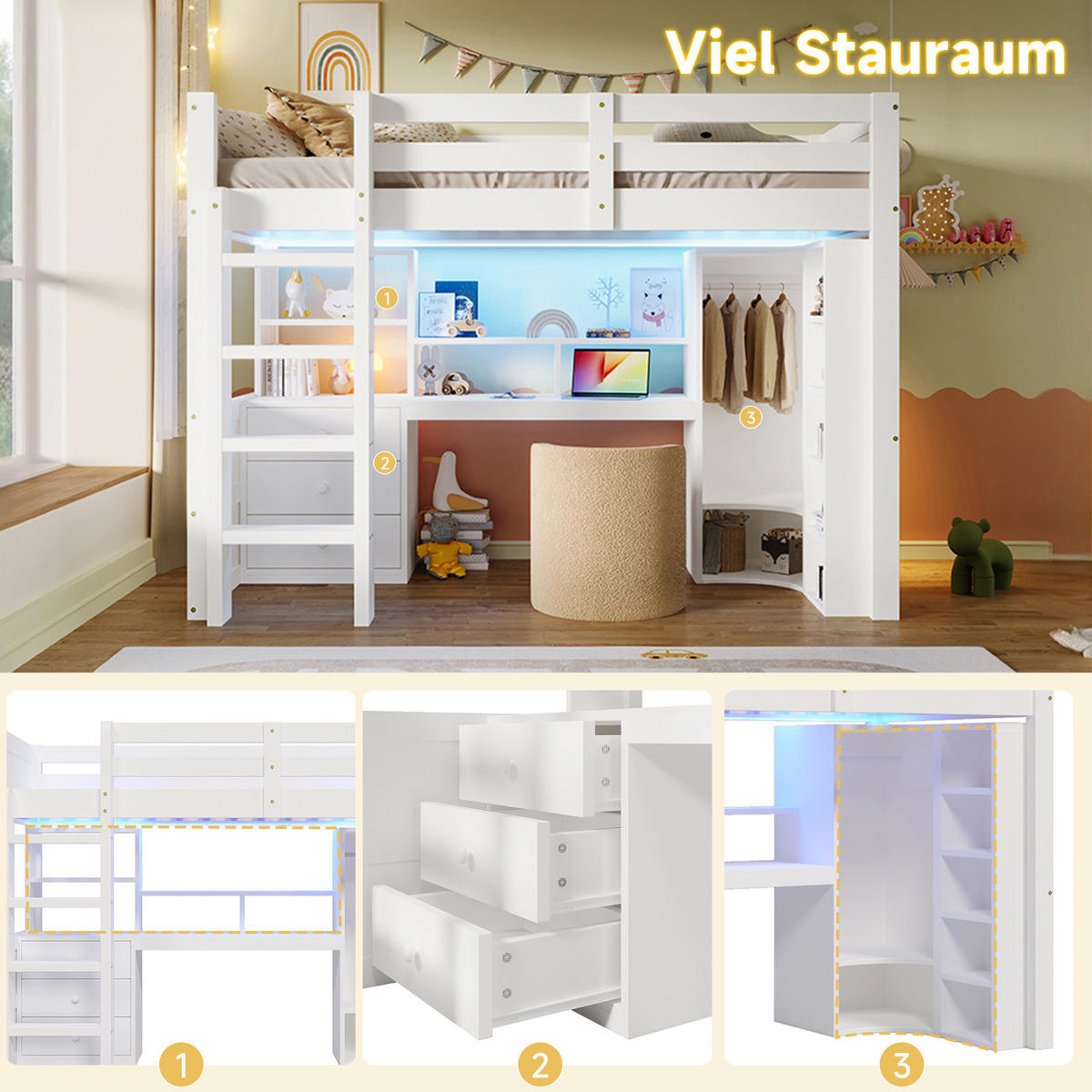 HOCHBETT 90/200 cm in Weiß – mit Schreibtisch, Kleiderschrank und LED - Weiß, Holzwerkstoff (90/200cm) - BEAOK