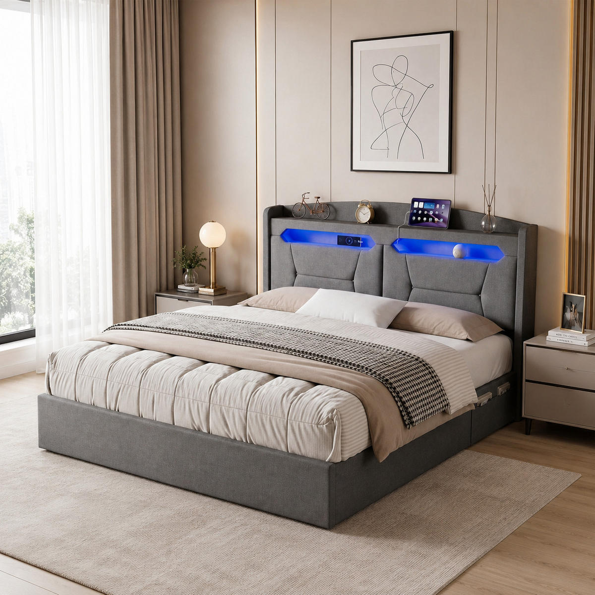 POLSTERBETT 140/200 cm mit Stauraum & LED‑Beleuchtung, gepolstertes Kopfteil mit USB‑Ladestation, graues Stoffbett mit Bettkasten für Schlafzimmer - Anthrazit, Holz/Metall (140/200cm) - Joyfair