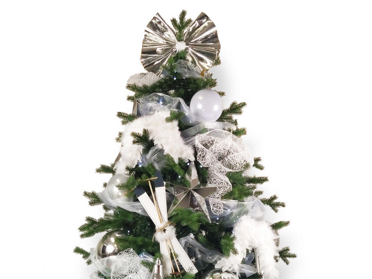 WEIHNACHTSBAUM geschmückt künstlich mit 118 Stk Kugeln SCHNEEGESCHENK 300 cm mit Metallständer - Silberfarben/Weiß, Kunststoff (300cm) - LAALU