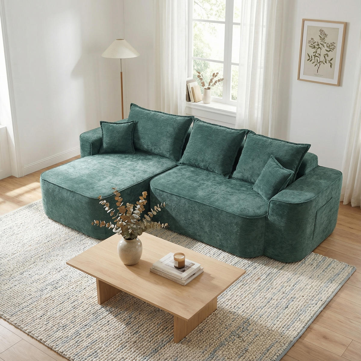 ECKSOFA Modulares L-Form in Chenille Montagefrei - Grün, Textil (262/144cm) - Urban Meuble