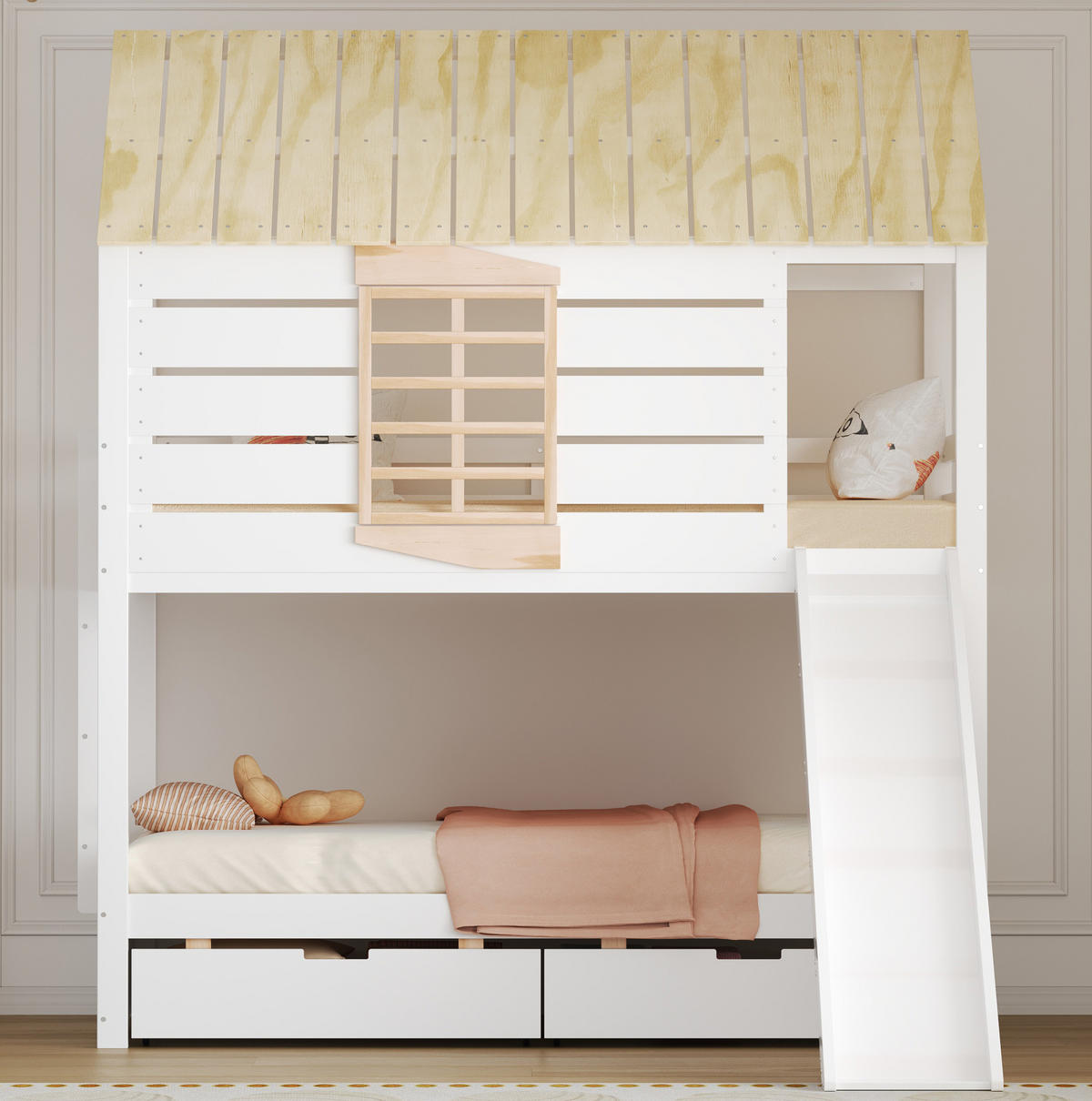 ETAGENBETT in Hausform mit Rutsche und 2 Schubladen 90x200 cm Weiß/Natur - Weiß, Holzwerkstoff (90/200cm) - Beauniv
