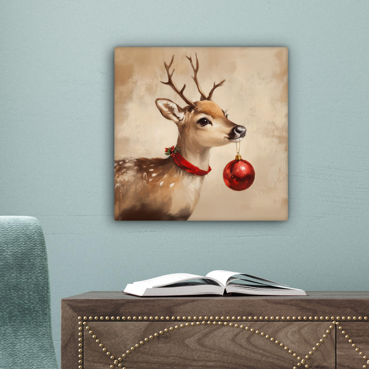 LEINWANDBILD Weihnachten - Hirsch - Geweih - Weihnachtskugel - Rentier 20x20 cm - Hellbraun, Textil (20/20cm) - MuchoWow