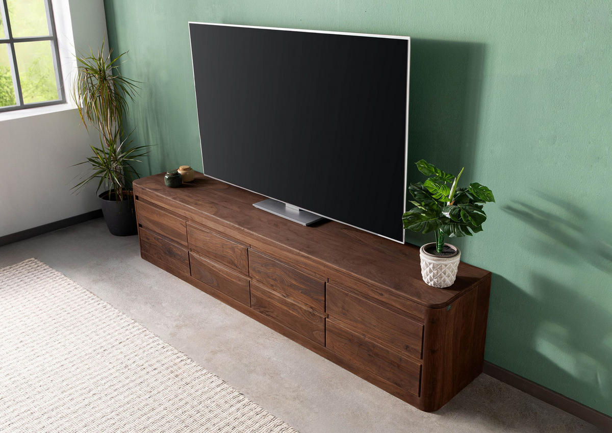 TV-BOARD Sheesham 220x40x50 rot-braun gebeizt TORONTO #166 - Dunkelbraun, Holz (40/50/220cm) - Massivmoebel24