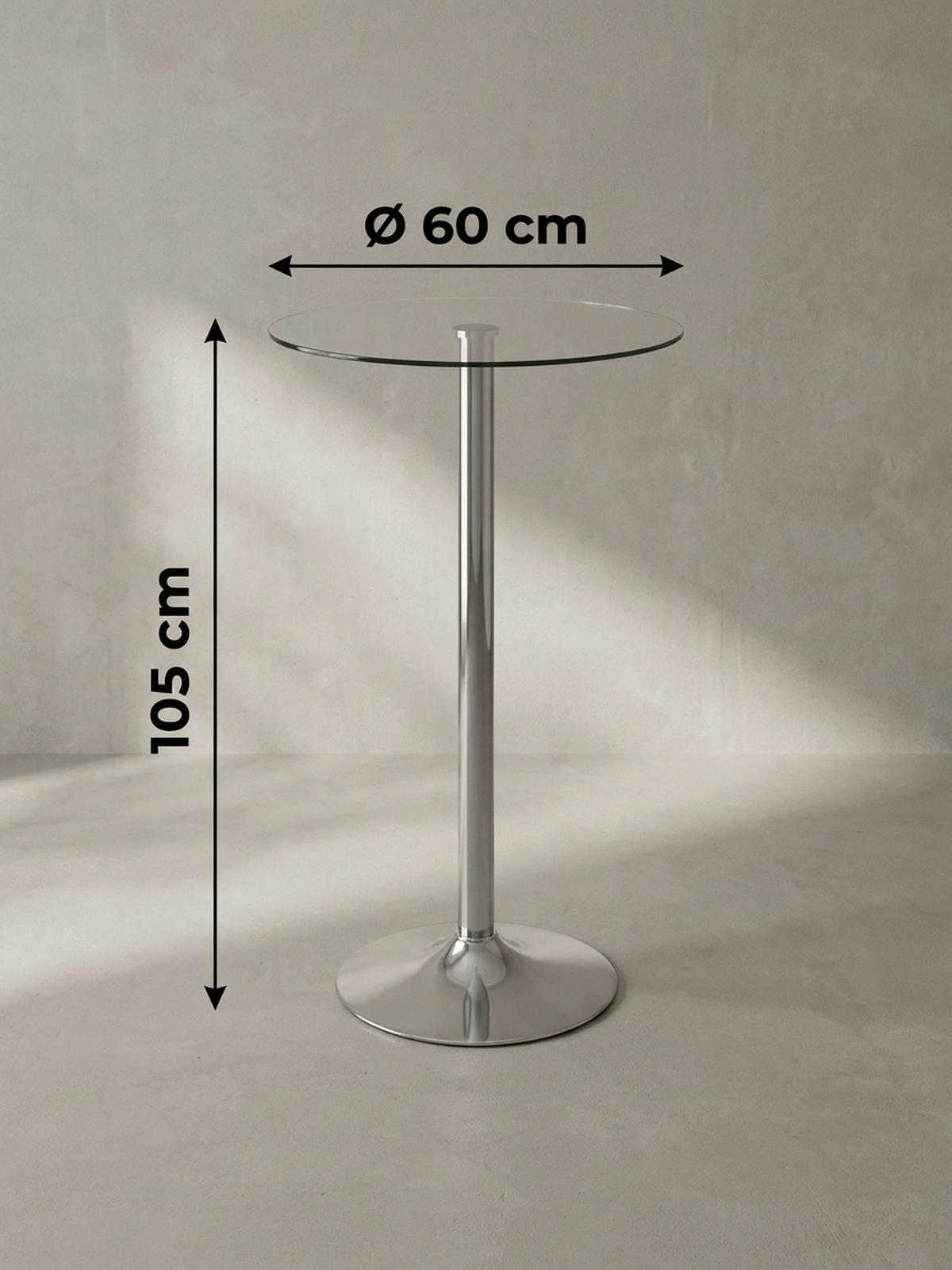 STEHTISCH – Ø 60 cm, Sicherheitsglas, Drehfunktion, Trompetenfuß, Chrom - Silberfarben, Glas/Metall (60/60/105cm) - KADIMA DESIGN