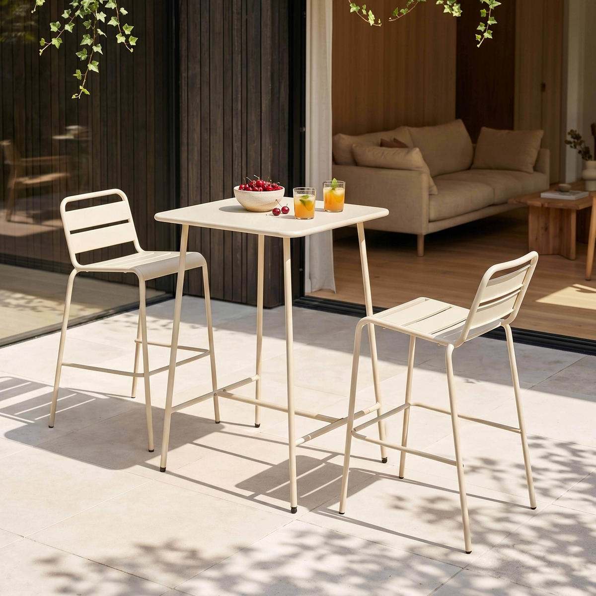 GARTENSET 3-tlg., Elfenbeinfarbe - Beige, Metall - Oviala