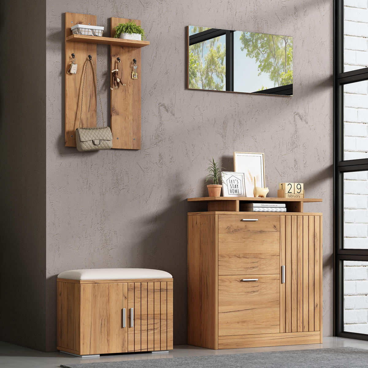 GARDEROBENSET Wand mit Schuhbank Spiegel Natural 140x35x133cm - Naturfarben, Holzwerkstoff (35/133/140cm) - FLIEKS