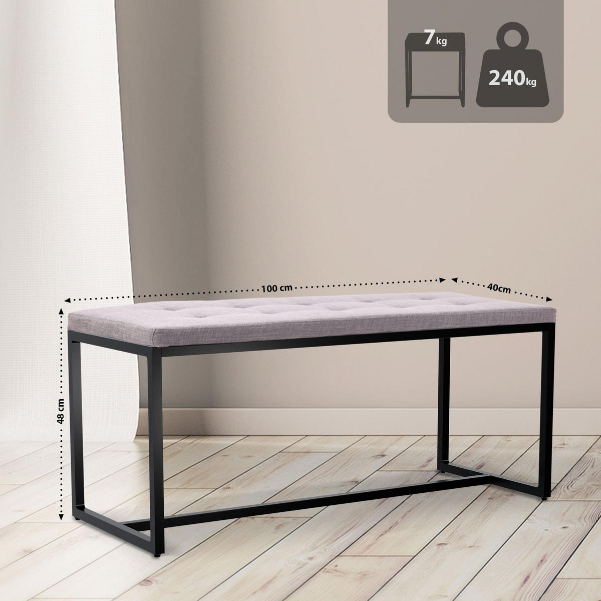 SITZBANK 100/40 cm Stoff grau - Schwarz/Grau, Textil/Metall (100/48/40cm) - CLP