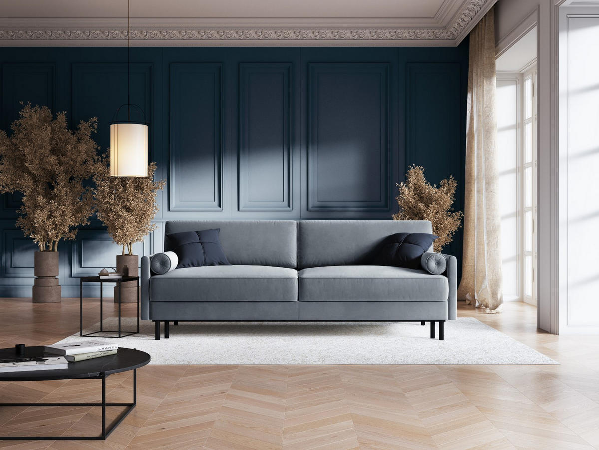 AUSKLAPPBARES-SOFA mit Bettkasten Scott aus Samt hellblau 3 Sitzplätze - Hellblau, Textil (97/87/212cm) - Micadoni