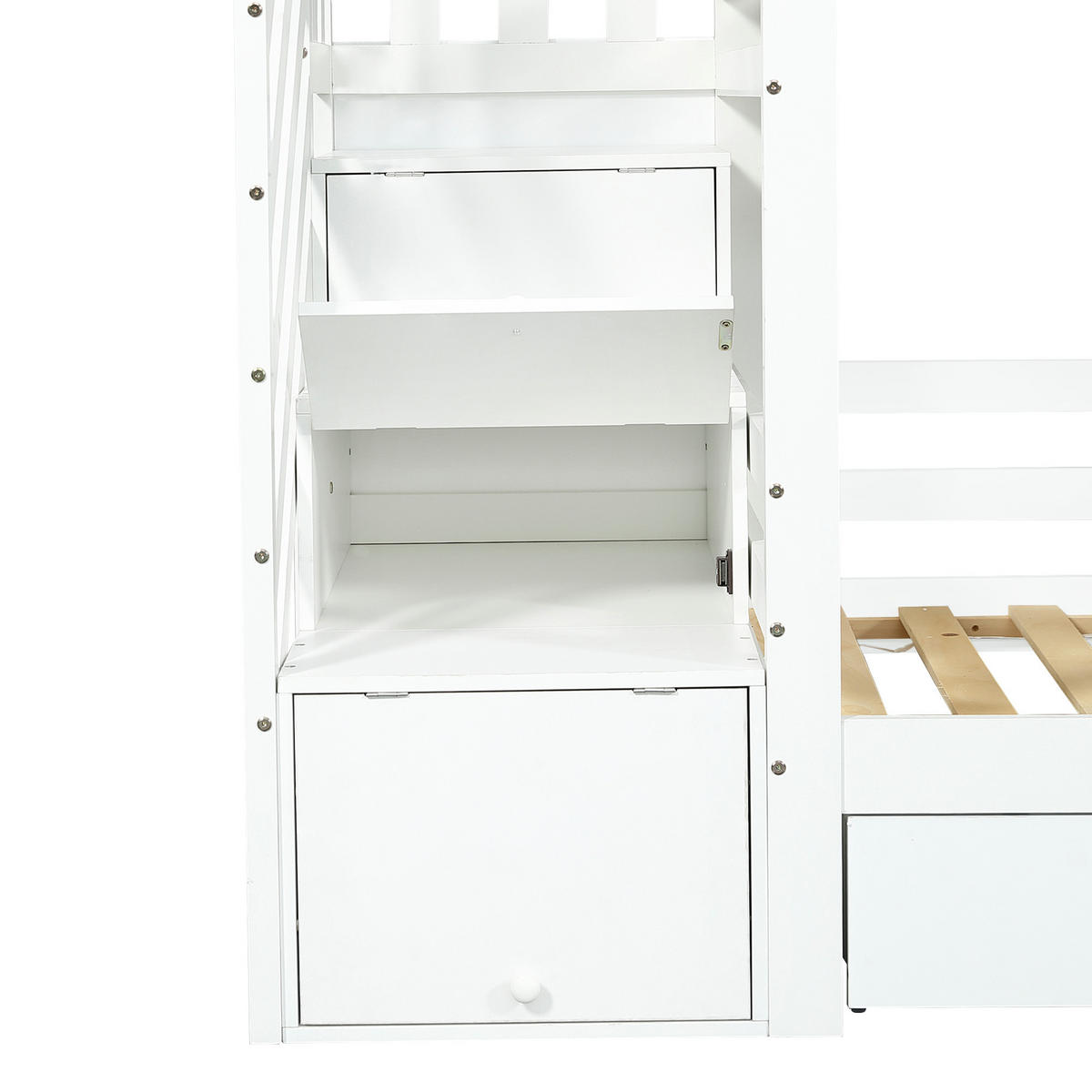 ETAGENBETT 90/200 cm in Weiß mit Treppenschrank, Schublade und Dach Kiefer & MDF - Weiß, Holz/Holzwerkstoff (90/200cm) - CHICFURN