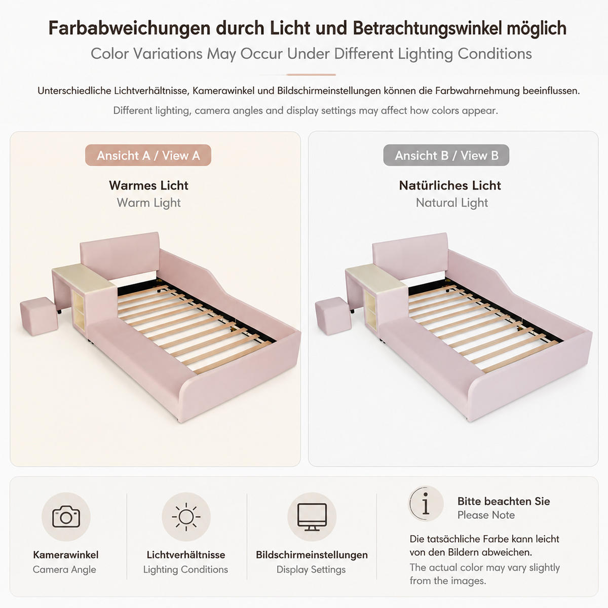 POLSTERBETT 90/200 cm in Pink mit Schreibtisch, Hocker und Ablageboden aus Samt - Rosa, Holzwerkstoff/Textil (90/200cm) - STILVORA