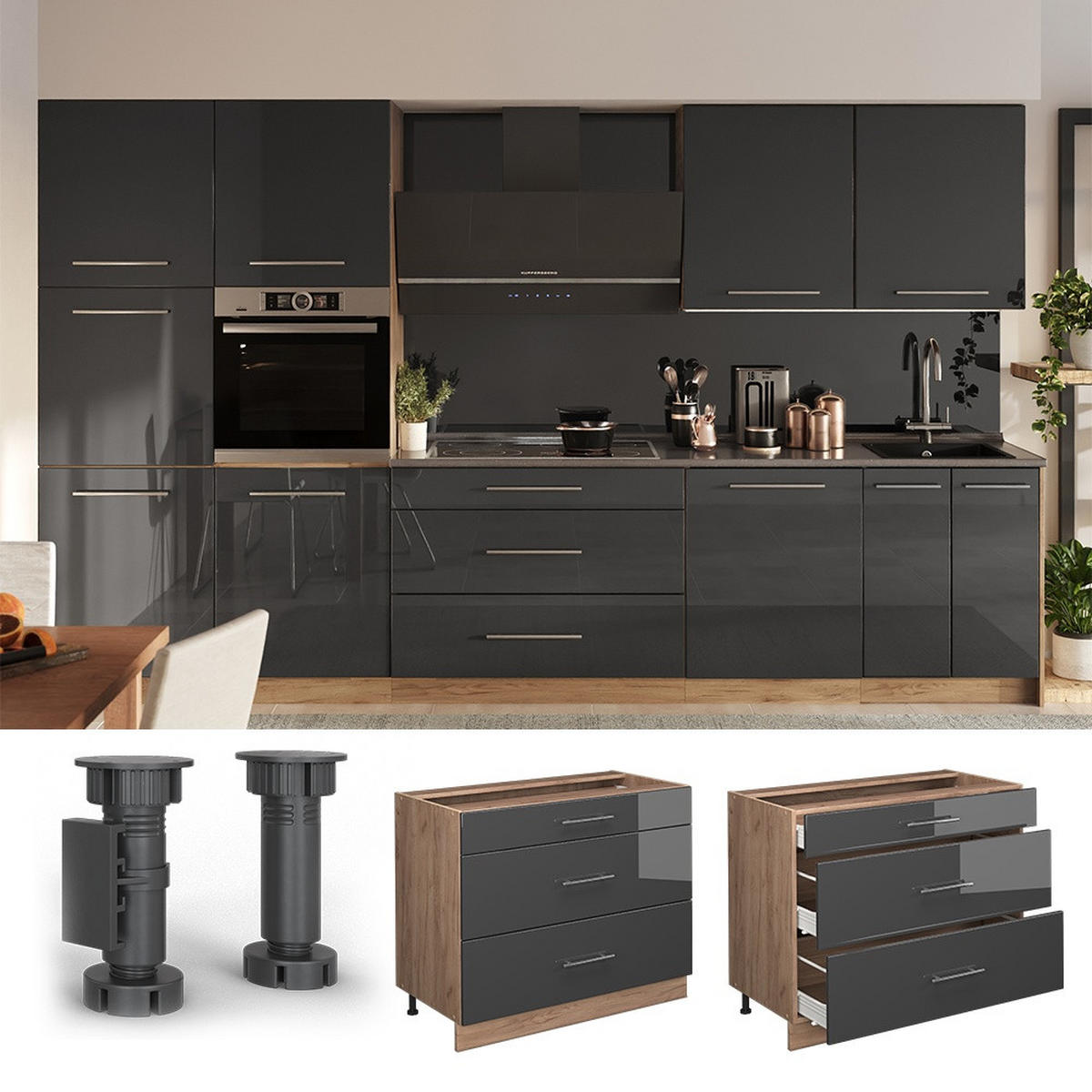 KÜCHENUNTERSCHRANK Fame-Line, Anthrazit Hochglanz/Goldkraft Eiche, 100 cm, AP Anthrazit - Honigeiche/Schwarz Hochglanz, Holzwerkstoff (100/82/60cm) - Vicco