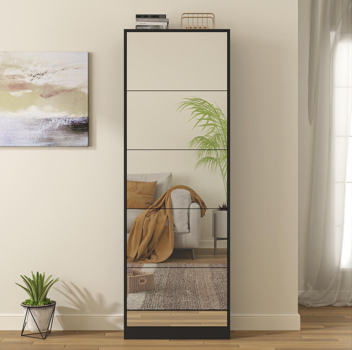 SCHUHSCHRANK aus MDF 24x63x185 cm Schwarz mit Spiegel, 5 Klappen und doppellagiger Schuhaufbewahrung - Schwarz, Holzwerkstoff (63/185/24cm) - Modfu