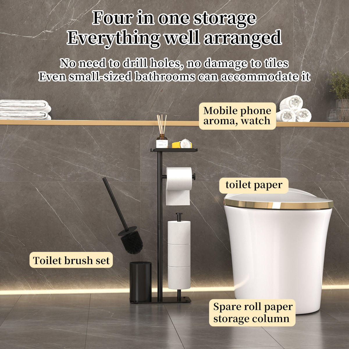 TOILETTENBÜRSTENHALTER – 2-in-1 (Schwarz) 24 x 12 x 60 cm - Weiß, Metall (12/60/24cm)