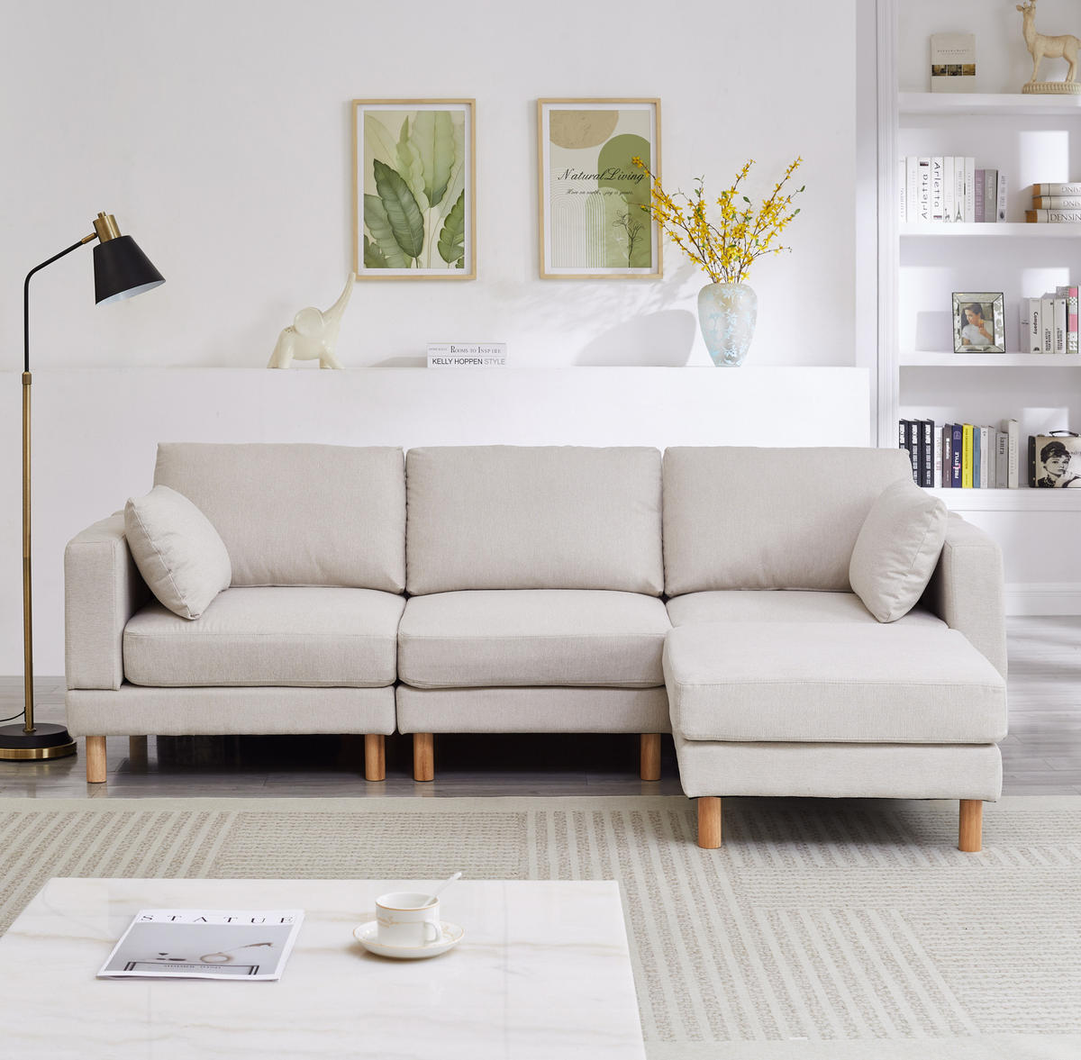 ECKSOFA 235/152/78 cm 3-Sitzer mit Hocker Beige aus Polyester mit links oder rechts montierbarer Chaiselongue - Beige, Kunststoff (152/235cm) - OKMYHOME