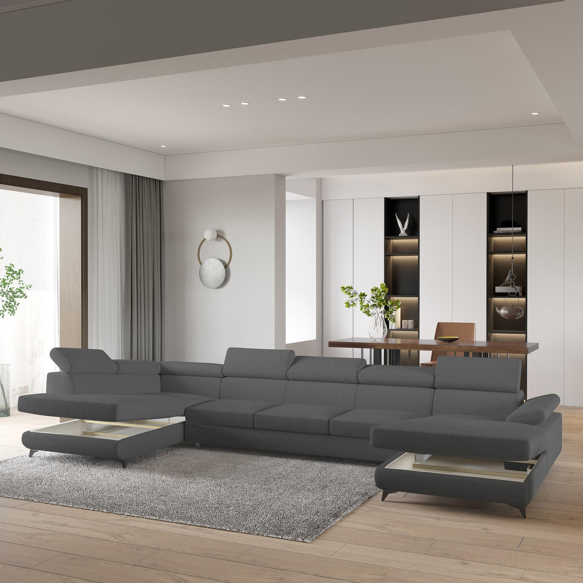 WOHNLANDSCHAFT MONTIVA Grau Boucle-Stoff mit Schlaffunktion - Grau, Holz (410/89/190cm) - MASSENO